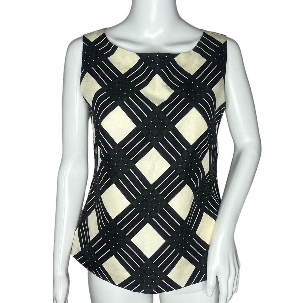 Talbots Women’s Blouse Ivory Black Basket Weave Print Sleeveless Shell Top 4P